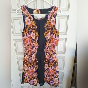 Paperdoll Dress SzM Lined Floral Pink/Black Cutouts Elastic Waist Short Polyeste